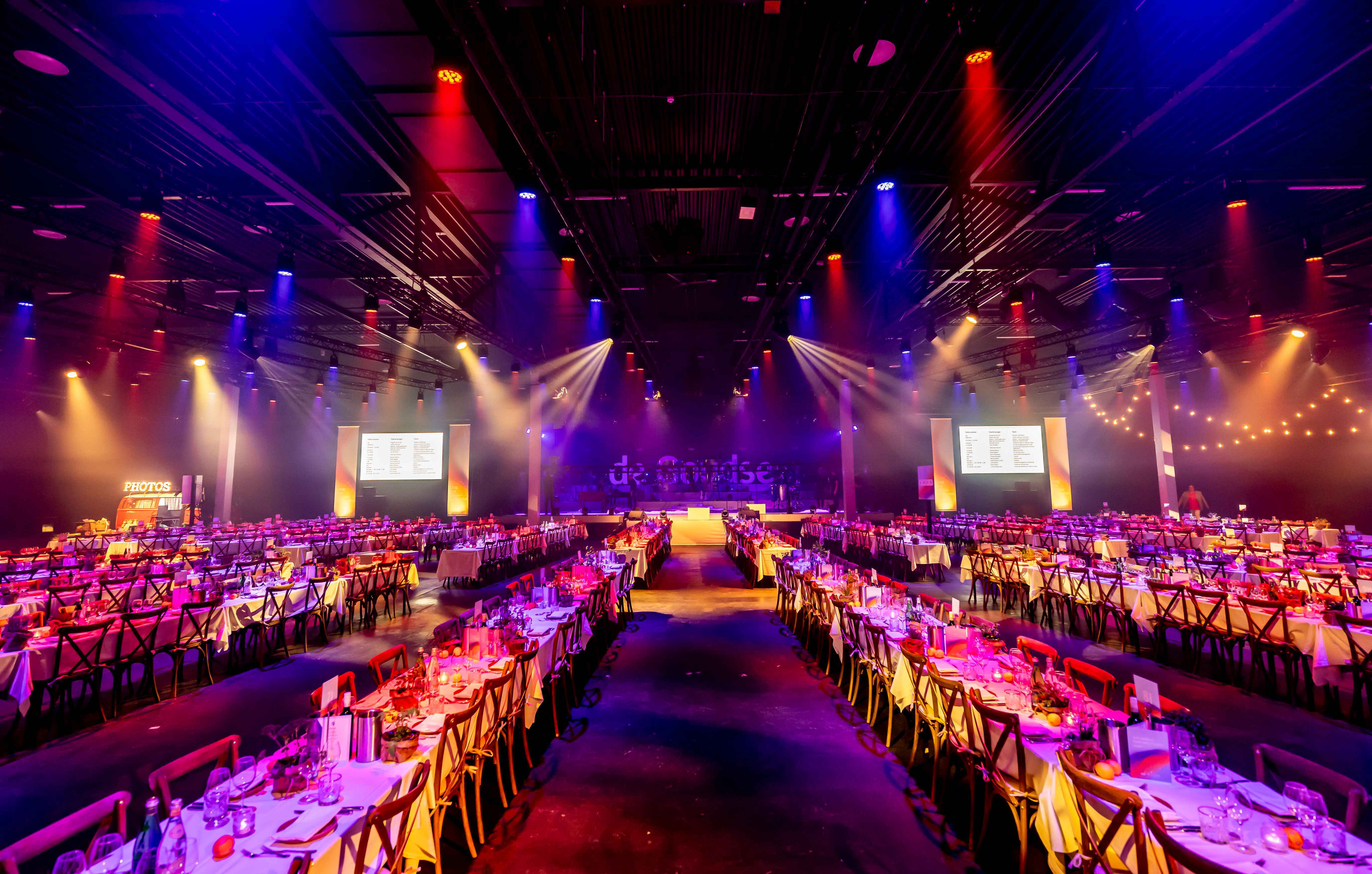 Elegant dinner event at Taets Art and Event Park near Amsterdam and Zaandam, with beautifully set tables and ambient lighting.