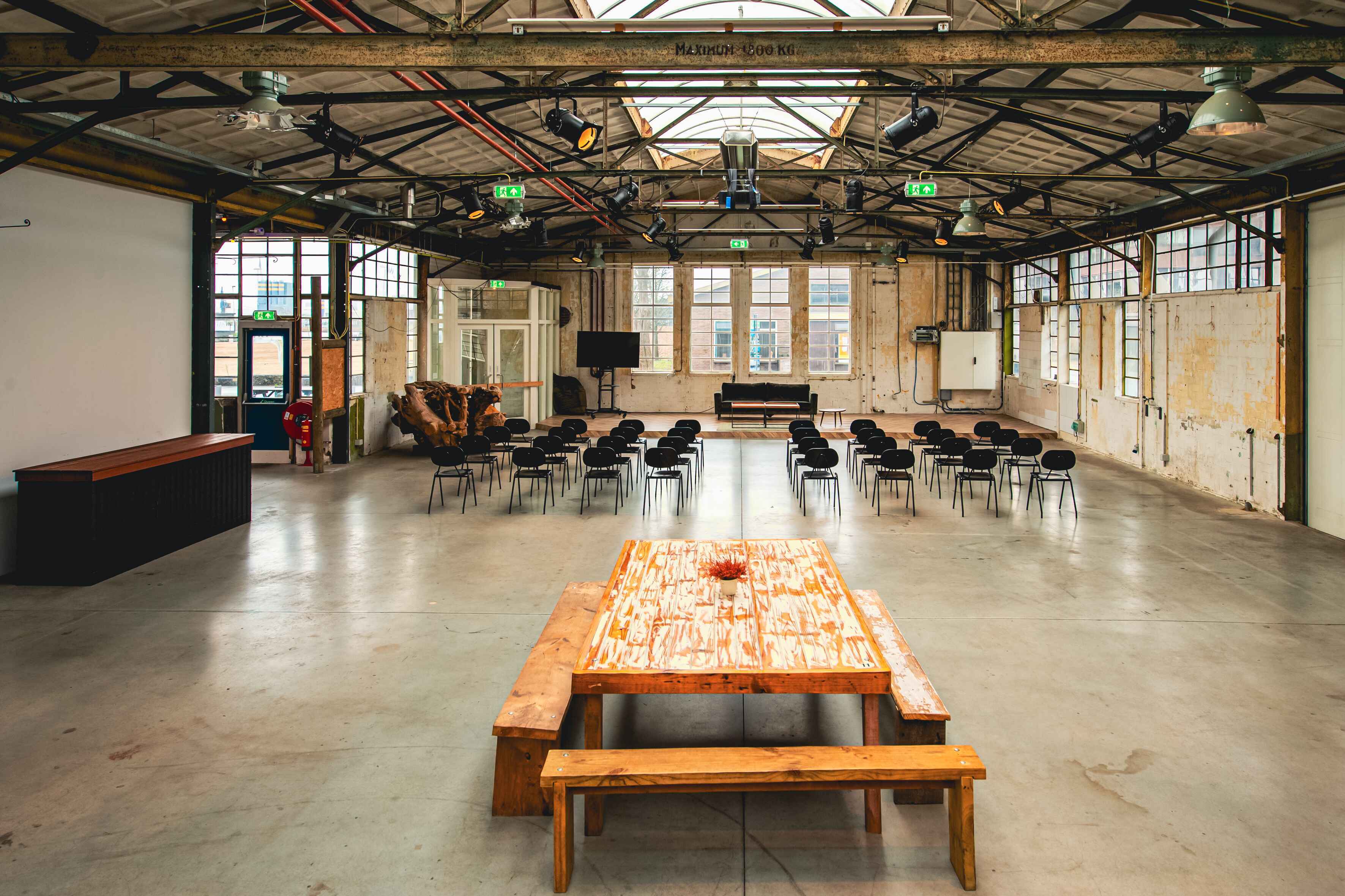 The Marketplace - classroom setting 1 "Yada Yada event space at Taets Art and Event Park in Amsterdam and Zaandam, an industrial venue perfect for weddings, conferences, dinners, dance events, and more, set in a historic munitions factory."